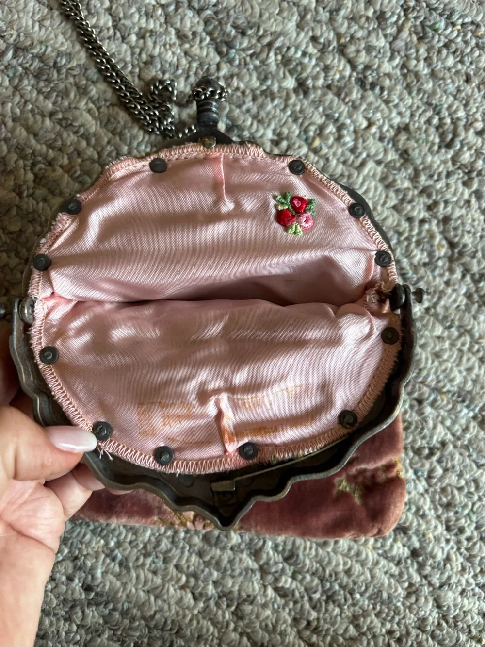 1920’s Vintage-Inspired Pink Velvet Embroidered Evening Bag with Pewter Frame